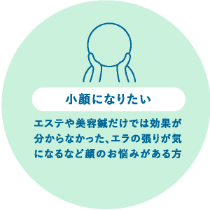 						小顔になりたい						エステや美容鍼だけでは効果がわからなかった						エラの張りが気になるなど顔のお悩みがある方						