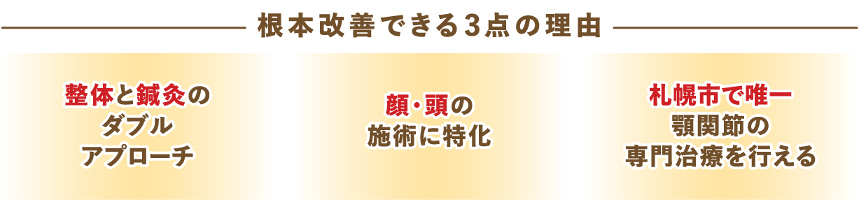 				根本改善できる3点の理由				整体と鍼灸のダブルアプローチ				顔・頭の施術に特化				札幌市で唯一　顎関節の専門治療を行える				